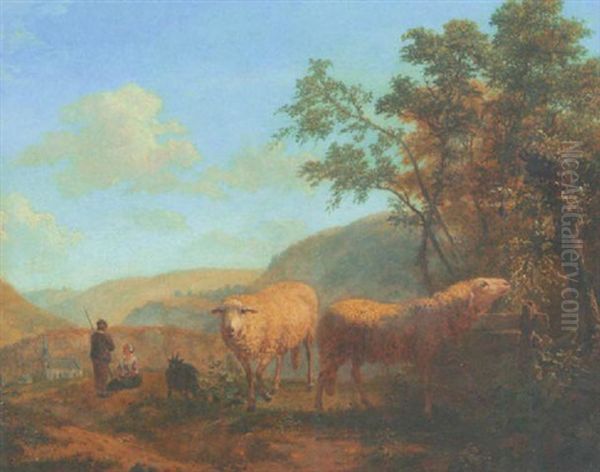 Gebirgslandschaft Mit Hirtenpaar, Ziege Und Zwei Schafen - view 1