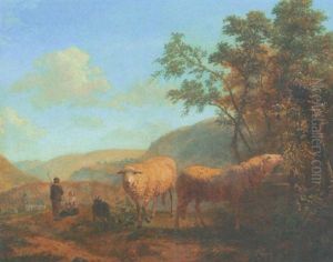 Gebirgslandschaft Mit Hirtenpaar, Ziege Und Zwei Schafen by Balthasar Paul Ommeganck