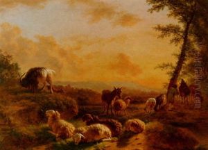 Hirte Mit Kuhen, Schafen, Ziegen Und Einem Maulesel In Der Abendsonne