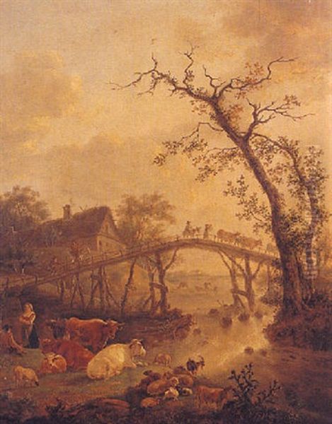 Bergers Et Troupeau Pres D'un Pont - view 1