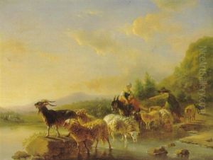 Hirten Mit Heimkehrender Herde An Einer Furt Im Abendschein