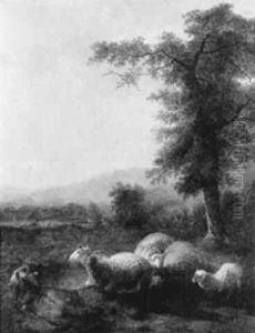 Sheep And A Goat In A Meadow, A Herdsman Beyond by Balthasar Paul Ommeganck