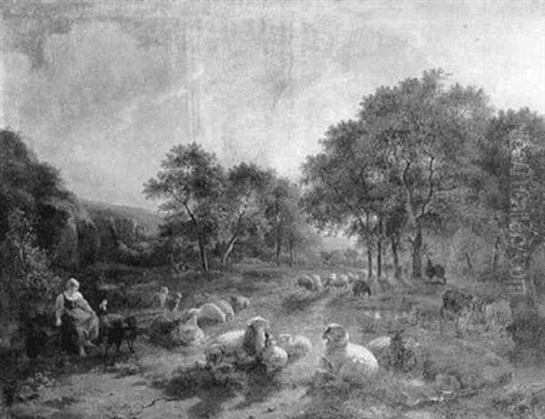 A Shepherdess And Flock In A Valley At Dusk - view 1