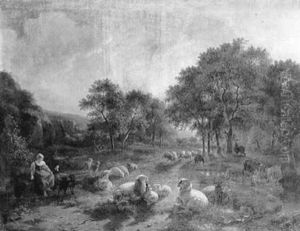 A Shepherdess And Flock In A Valley At Dusk by Balthasar Paul Ommeganck