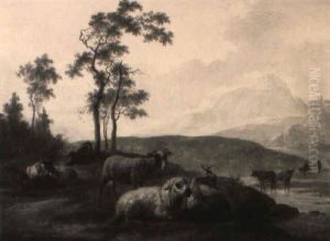 A River Landscape With Sheep And Goats On A Bank A River Landscape With Sheep And Goats On A Bank