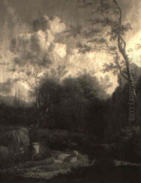 Wooded Landscape With Cattle, Sheep And Donkey In Foreground - view 1