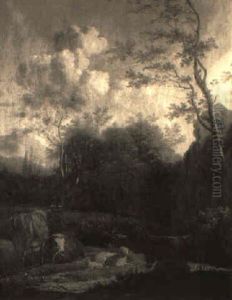 Wooded Landscape With Cattle, Sheep And Donkey In Foreground