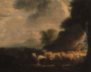 A Shepherd With Sheep And Goats Being Herded Through A Natural Arch