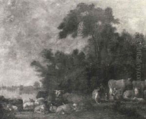 A Landscape With Cattle And Sheep Grazing On A River Bank A Landscape With Cattle And Sheep Grazing On A River Bank
