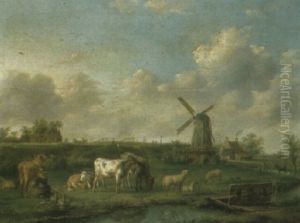A River Landscape With A Milkmaid, Cattle And Sheep Near A Windmill A River Landscape With A Milkmaid, Cattle And Sheep Near A Windmill