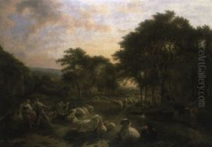 A Shepherd And Shepherdess With Sheep In Wooded Landscape by Balthasar Paul Ommeganck