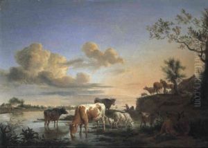 Cattle Watering With Other Domestic Animals On A River Bank