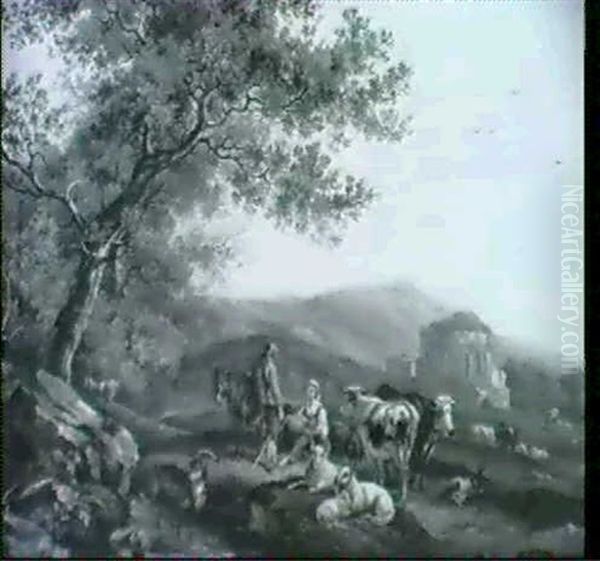 Hirtin Und Maultiertreiber In Weidelandschaft - view 1