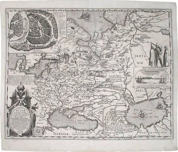 Blaeu's Publication Of The Map By Hessel Gerritsz. There Is An Inset Plan Of Moscow And A View Of Archangel; Also, An Engraving Of Three Soldiers (one With Musket), Vignettes Of Sailing Ships, And A Cartouched With The Double-headed Eagle Shield. Dutch Te - view 1