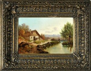 Hutte Am Bachlauf In Voralpenlandschaft by Karl Eduard Onken