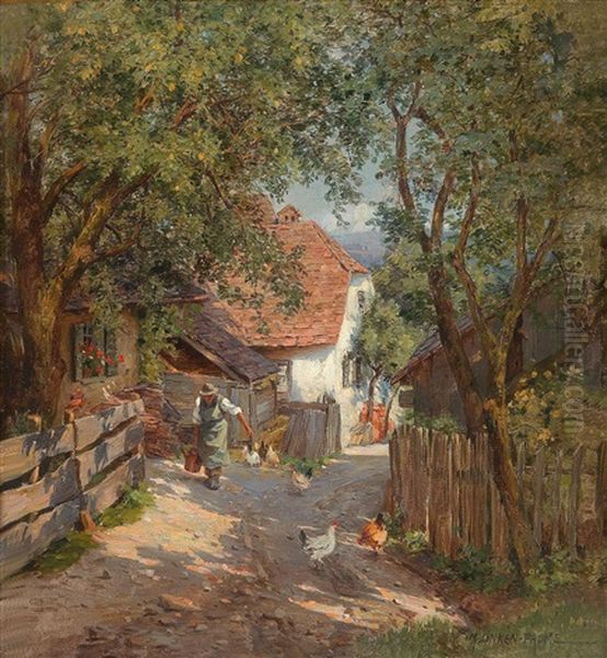 Sunlit Village Street With Decorative Figures - view 1