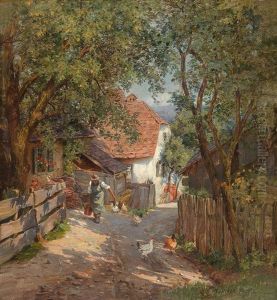 Sunlit Village Street With Decorative Figures
