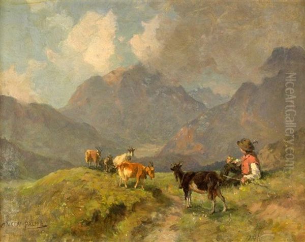 Alpine Landscape With A Boy Herding Goats - view 1