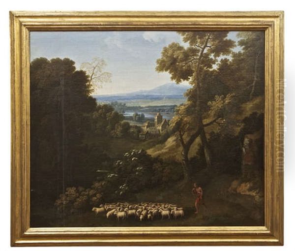 An Extensive Wooded Southern Landscape With A Shepherd And His Flock Before A Fortified Village, A Lake In The Plain With Mountains In The Distance - view 1