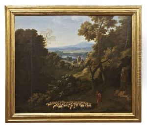 An Extensive Wooded Southern Landscape With A Shepherd And His Flock Before A Fortified Village, A Lake In The Plain With Mountains In The Distance by Crescenzio Onofri