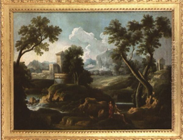 Paysage Avec Cascade Et Deux Pecheurs - view 1