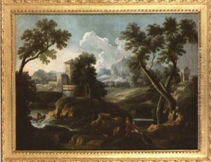 Paysage Avec Cascade Et Deux Pecheurs by Crescenzio Onofri