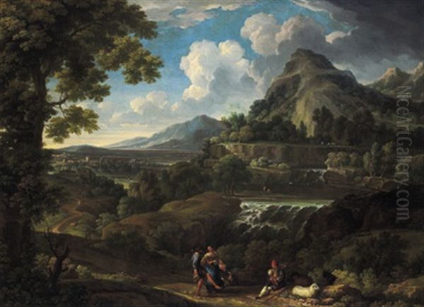 Gebirgige Landschaft Mit Einem Dudelsackpfeifer Und Einem Tanzenden Paar - view 1