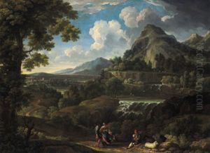 Gebirgige Landschaft Mit Einem Dudelsackpfeifer Und Einem Tanzenden Paar
