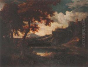 A Wooded Landscape With A Lake In The Foreground, A Castle And Mountains Beyond