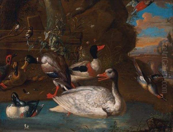 A Norwegian White Goose With Ducks And Other Birds In An Italianate Landscape - view 1