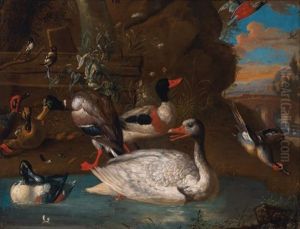 A Norwegian White Goose With Ducks And Other Birds In An Italianate Landscape