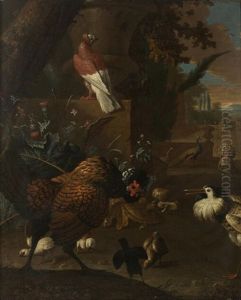 A Turkey, A Pigeon, A Peafowl, A Ruff And A Chicken With Chicks In A Park A Turkey, A Pigeon, A Peafowl, A Ruff And A Chicken With Chicks In A Park
