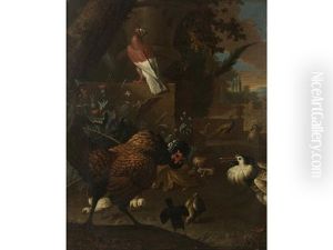 A Turkey, A Pigeon, A Peafowl, A Ruff And A Chicken With Chicks In A Park by Adriaen van Oolen