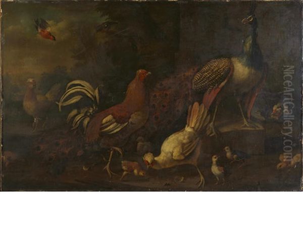 A Peacock, A Gamecock, Three Tufted Hens With Chicks, And Other Birds In A Landscape - view 1