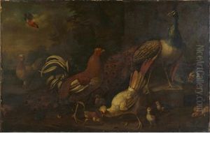 A Peacock, A Gamecock, Three Tufted Hens With Chicks, And Other Birds In A Landscape by Adriaen van Oolen