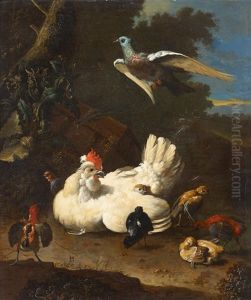 A Hen And Chicks With A Pigeon In A Landscape