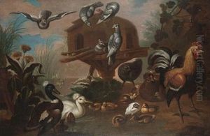Pigeons On A Bird House With A Cockerel, Mallard And Other Birds Amongst Reeds On A Riverbank