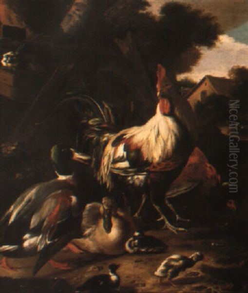A Cockerel With Ducks In A Farmyard - view 1