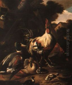 A Cockerel With Ducks In A Farmyard by Adriaen van Oolen