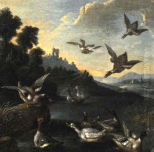 Schwimmende, Fliegende Und Sitzende Enten Am See by Adriaen van Oolen