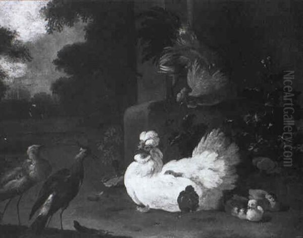 A Ruff, A Lapwing And Chickens By A Stone Plinth - view 1
