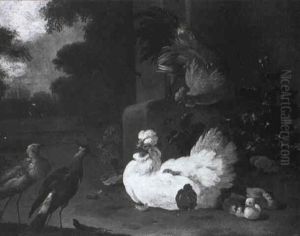 A Ruff, A Lapwing And Chickens By A Stone Plinth by Adriaen van Oolen