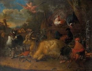 Chevre, Chevreau Et Poules Dans Un Paysage Chevre, Chevreau Et Poules Dans Un Paysage