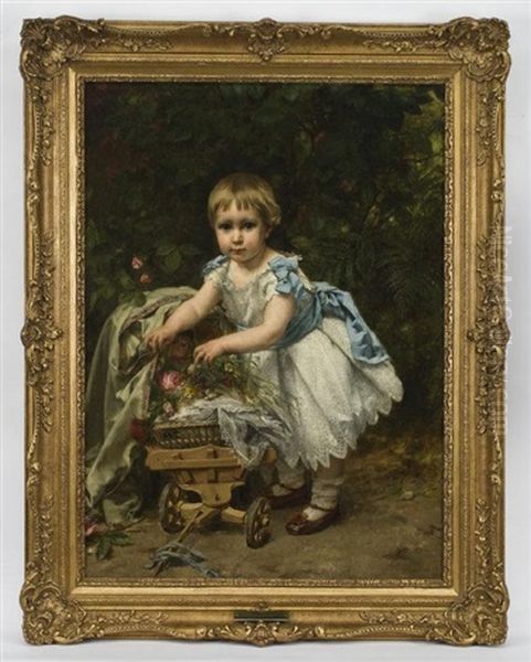 Portrait Of A Young Girl Wearing A White Dress With A Blue Ribbon And Sash Standing Next To A Wagon Holding A Baby Doll And Flowers - view 1