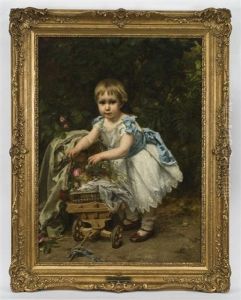 Portrait Of A Young Girl Wearing A White Dress With A Blue Ribbon And Sash Standing Next To A Wagon Holding A Baby Doll And Flowers by Karel Ooms