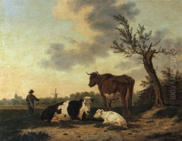 Paesaggio Con Mandriano, Tre Mucche E Mulino A Vento Nello Sfondo - view 1