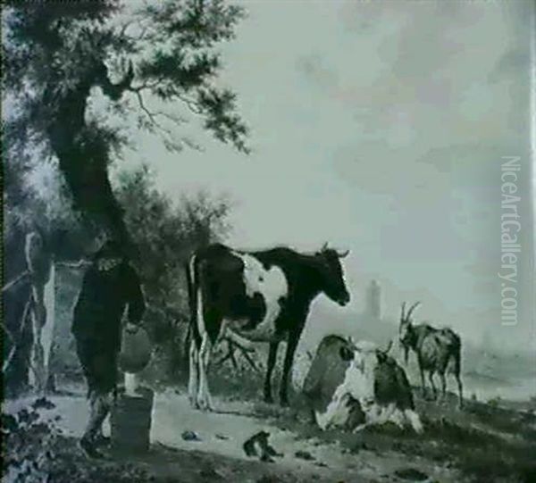 A Herdsman Stading Beside His Cattle In A Riverside Pasture Emptying Milk Into A Pail - view 1