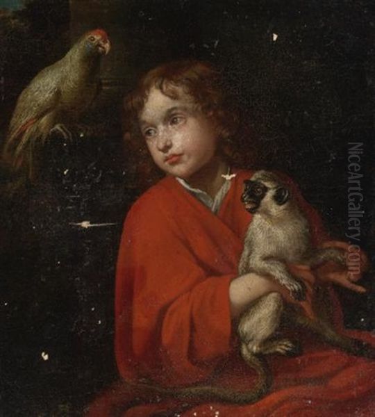 Parrot Watching A Boy Holding A Monkey - view 1