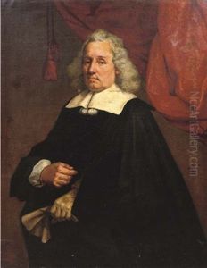 Portrait Of A Gentleman In A Black Costume With A White Collar And Cuffs, Standing In Front Of A Red Curtain