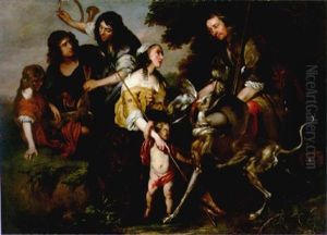 Portrait Of A Couple In Pastoral Dress, Portrayed As Venus And Adonis, In A Landscape With Huntsmen Nearby